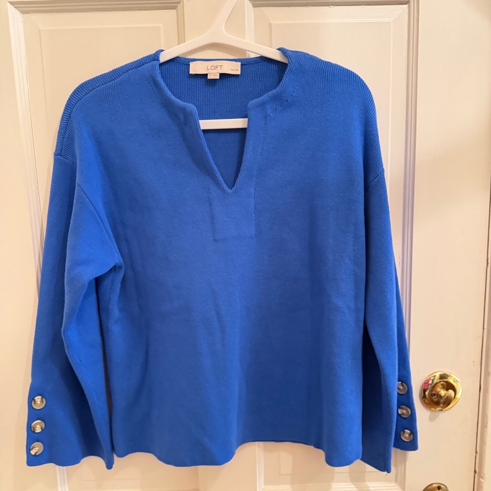 LOFT Vibrant Blue Knit Top with Sleeve Buttons Royal blue/cobalt